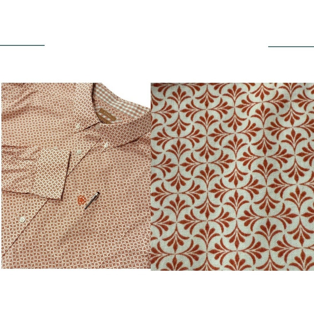Ariat Men Shirt Button Wrinkle Free Floral Orange L Fitted Flip Cuff Long Sleeve
